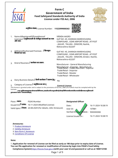 Vrinda Agro FSSAI License for compliant food manufacturing operations