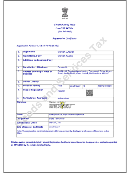 Vrinda Agro GST Certificate for registered business tax compliance