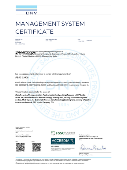 Vrinda Agro Management System Certificate for quality management compliance