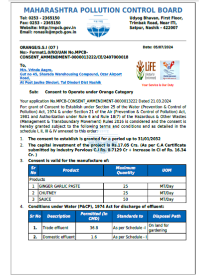 Vrinda Agro MPCB Certificate for environmental compliance and authorization
