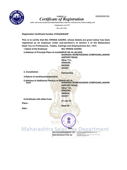 Vrinda Agro PTRC Certificate for professional tax registration compliance