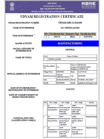 Vrinda Agro Udyam Registration Certificate for registered business recognition